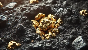 Gold nuggets partially buried in black soil